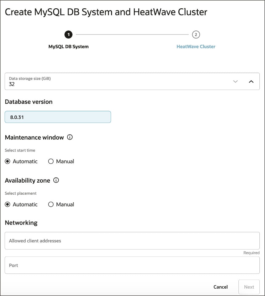 Screenshot of Create MySQL DB System and HeatWave Cluster - incomplete