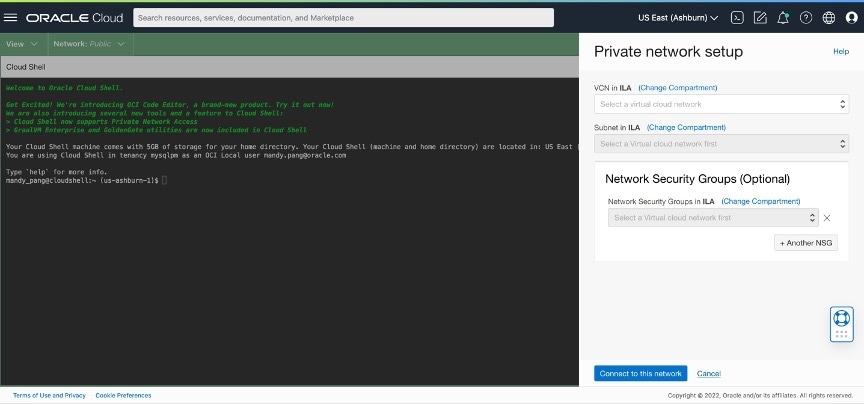 screenshot of mysql shell private network setup