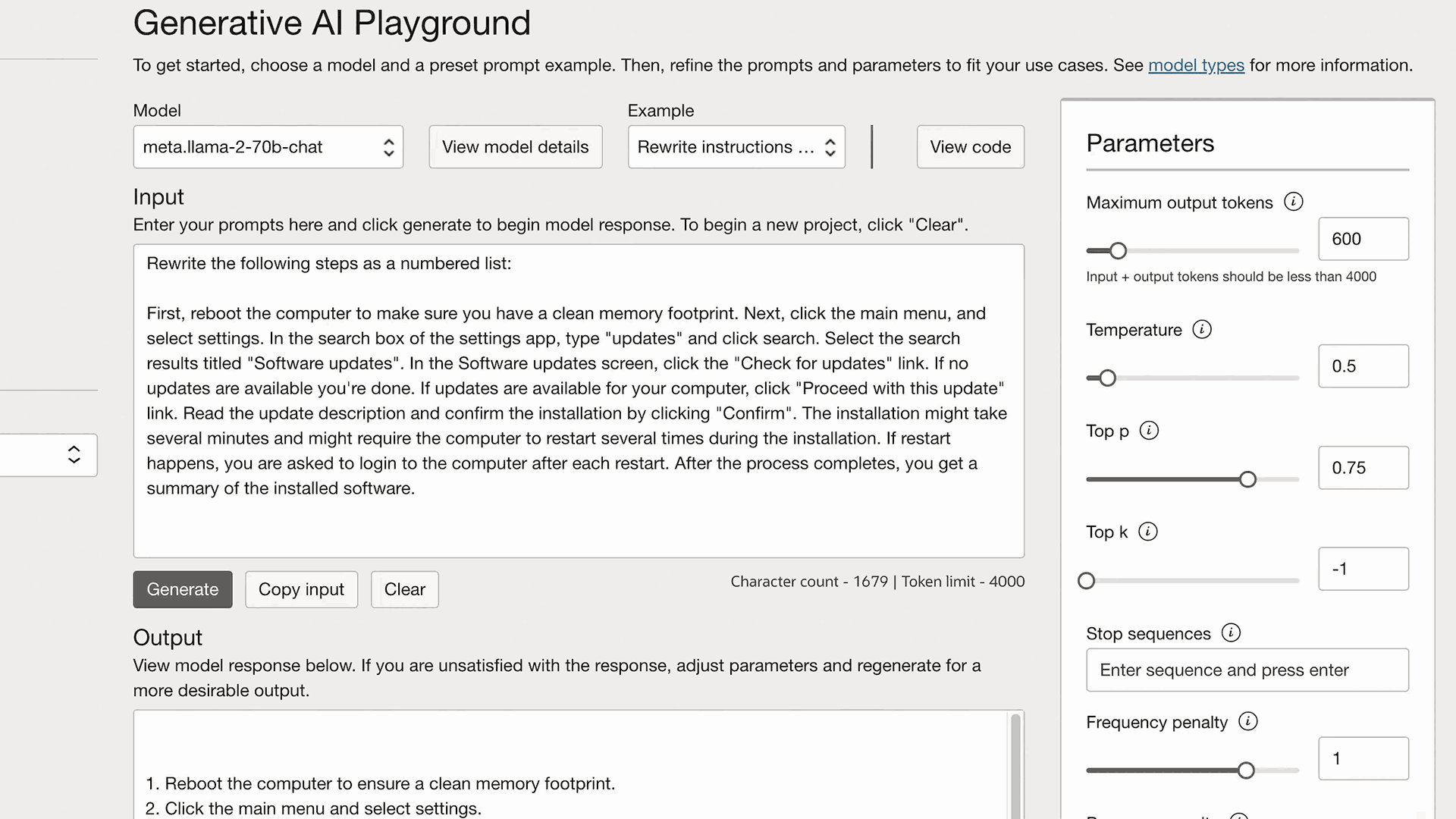 Generative AI Playground section view, details below