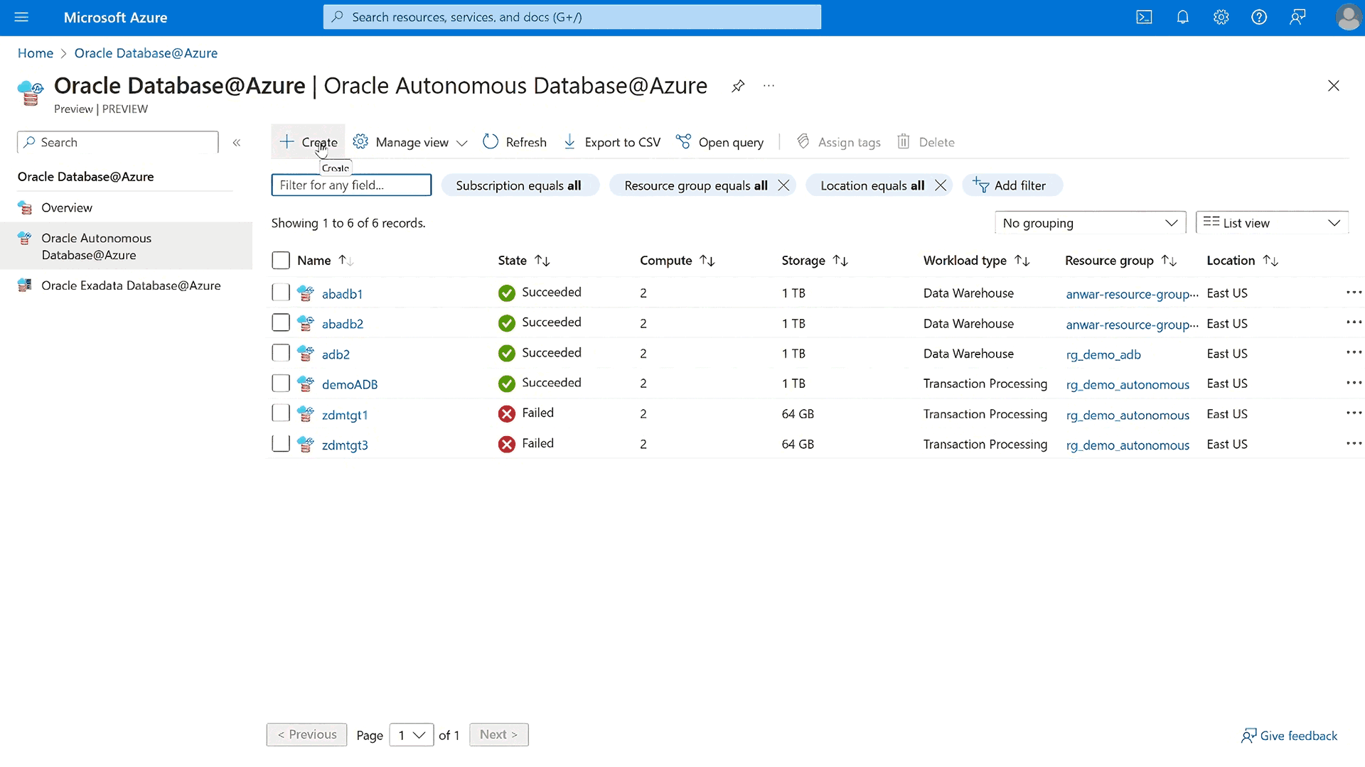 Oracle Autonomous Database@Azure view