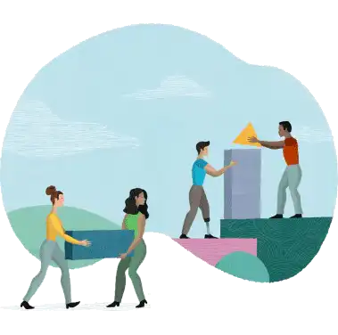 illustration 4 people building blocks