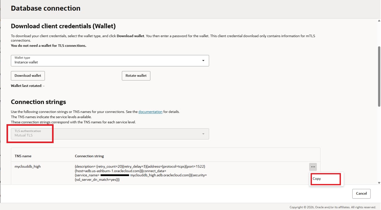 Screenshot of Oracle Autonomous Cloud database connect string page